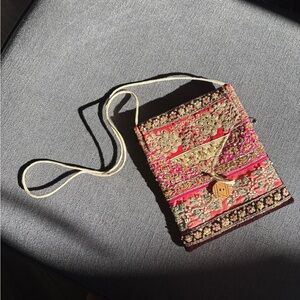 Embroidered Pink and Gold Women's Bag with Velvet Backing